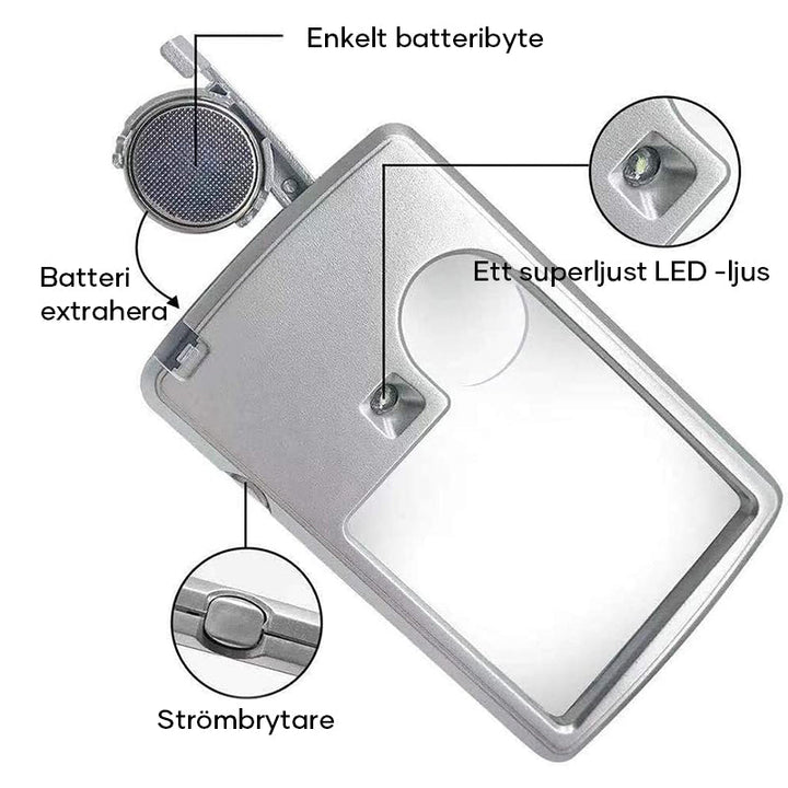 "Elegant LED förstoringskort med stark belysning och förstoring, idealisk för läsning och detaljarbete i svagt ljus."