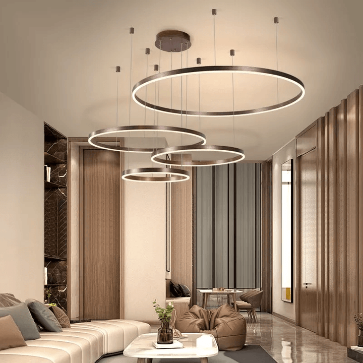 Stilren LED-pendellampa för vardagsrummet. Modern takbelysning med vacker sol- och månedesign.