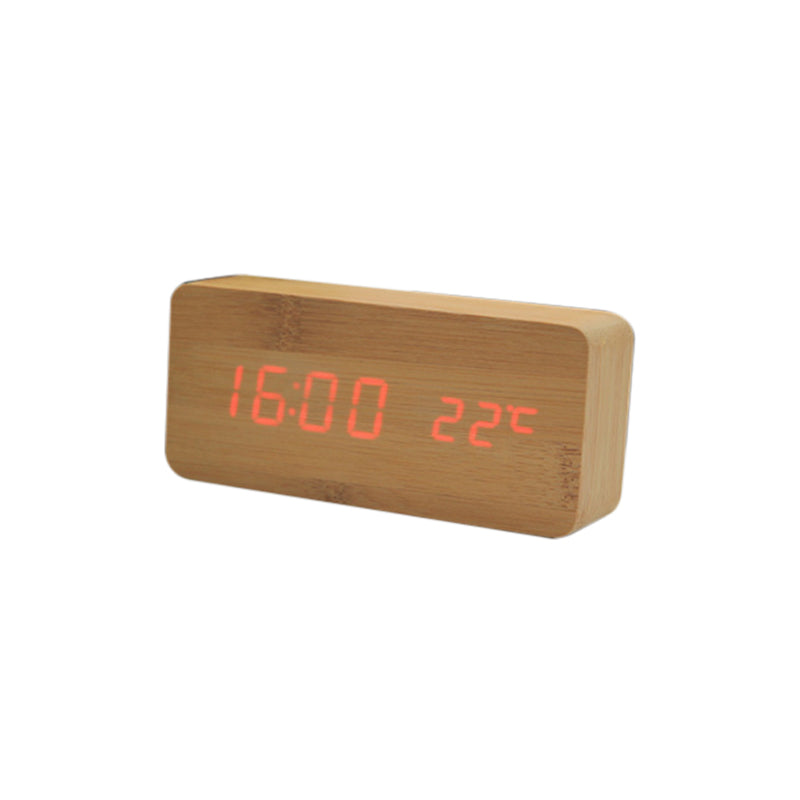 "Elegant LED träklocka med röststyrning, finns i beige, svart, vit och brun med justerbar LED-ljusstyrka."