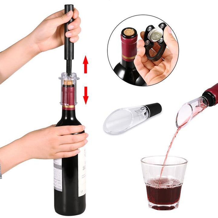 "Elegant lufttryck vinöppnare set med folieskärare, vinhällare och rostfri ståldesign, perfekt för vinälskare."