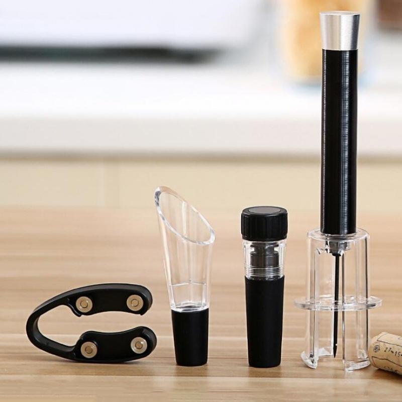 "Elegant lufttryck vinöppnare set med folieskärare, vinhällare och rostfri ståldesign, perfekt för vinälskare."