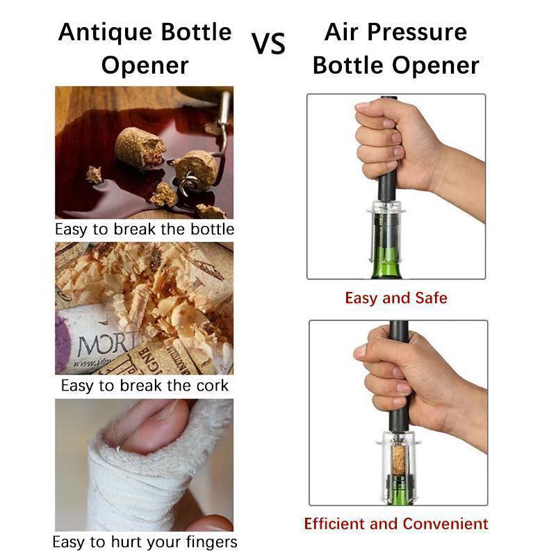 "Elegant lufttryck vinöppnare set med folieskärare, vinhällare och rostfri ståldesign, perfekt för vinälskare."