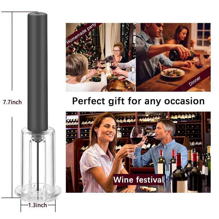 "Elegant lufttryck vinöppnare set med folieskärare, vinhällare och rostfri ståldesign, perfekt för vinälskare."