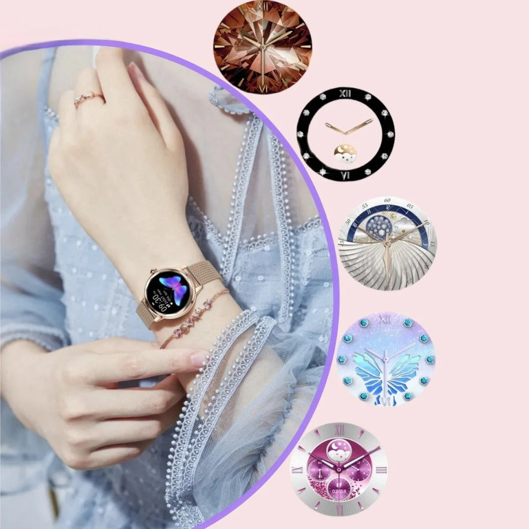 Dam smartwatch med avancerad hälsoövervakning och fitness-funktioner. Stilren roséguld smartklocka för kvinnor.