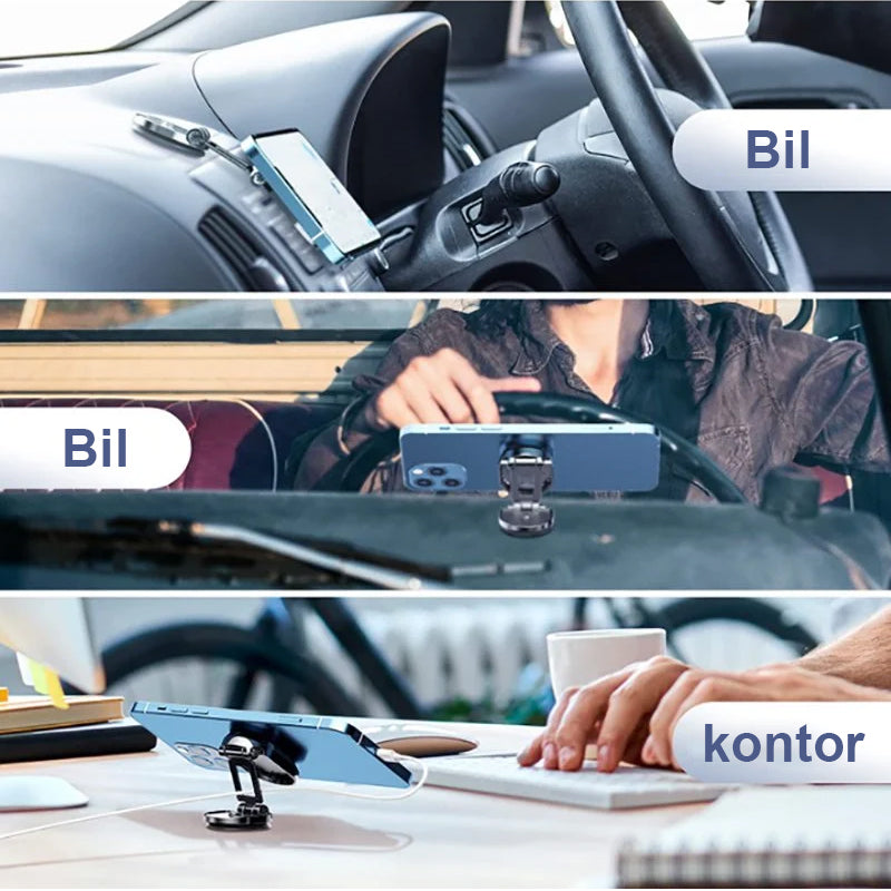 "Elegant magnetisk biltelefonhållare med starkt magnetfäste, 360° rotation, i svart design på bilens instrumentbräda."