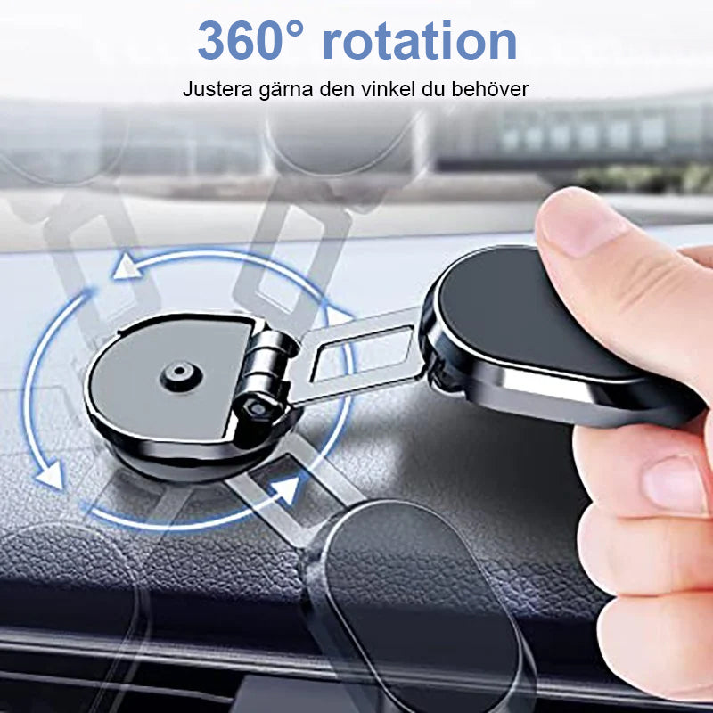 "Elegant magnetisk biltelefonhållare med starkt magnetfäste, 360° rotation, i svart design på bilens instrumentbräda."
