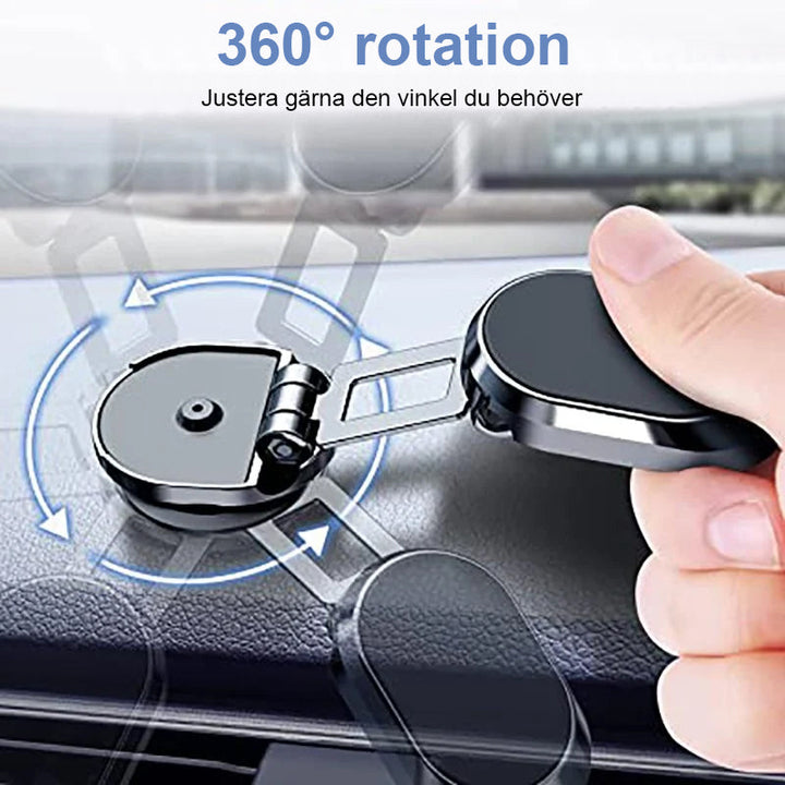 "Elegant magnetisk biltelefonhållare med starkt magnetfäste, 360° rotation, i svart design på bilens instrumentbräda."