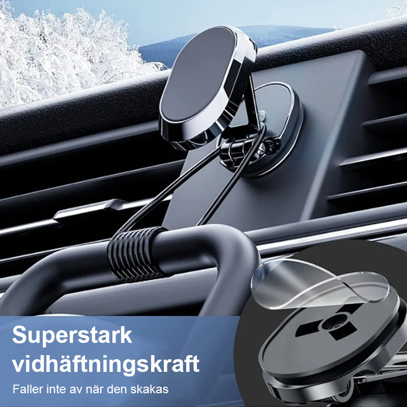 "Elegant magnetisk biltelefonhållare med starkt magnetfäste, 360° rotation, i svart design på bilens instrumentbräda."