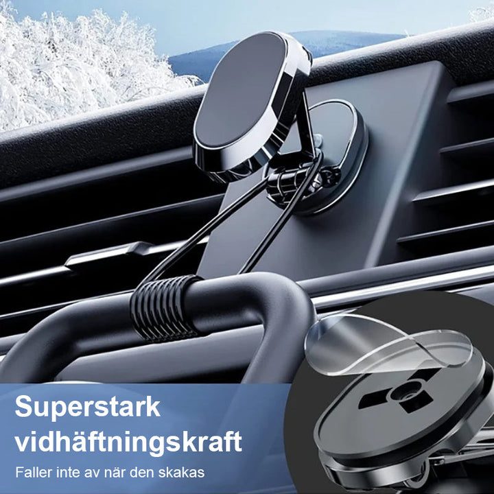 "Elegant magnetisk biltelefonhållare med starkt magnetfäste, 360° rotation, i svart design på bilens instrumentbräda."