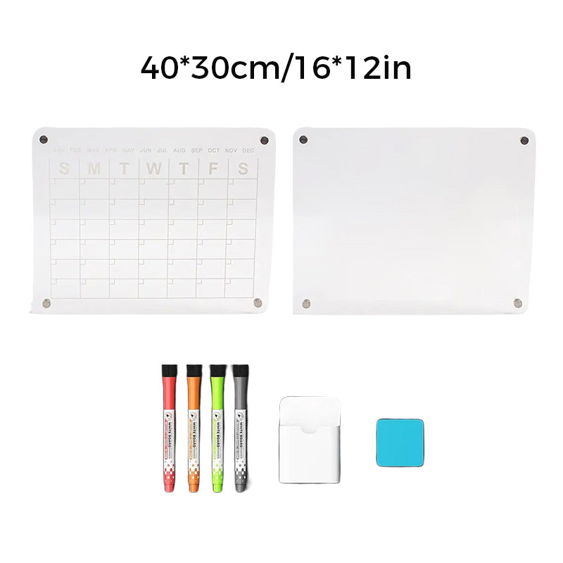 "Elegant magnetisk kylkalender i genomskinlig akryl med tydlig markör, perfekt för planering i modernt kök."