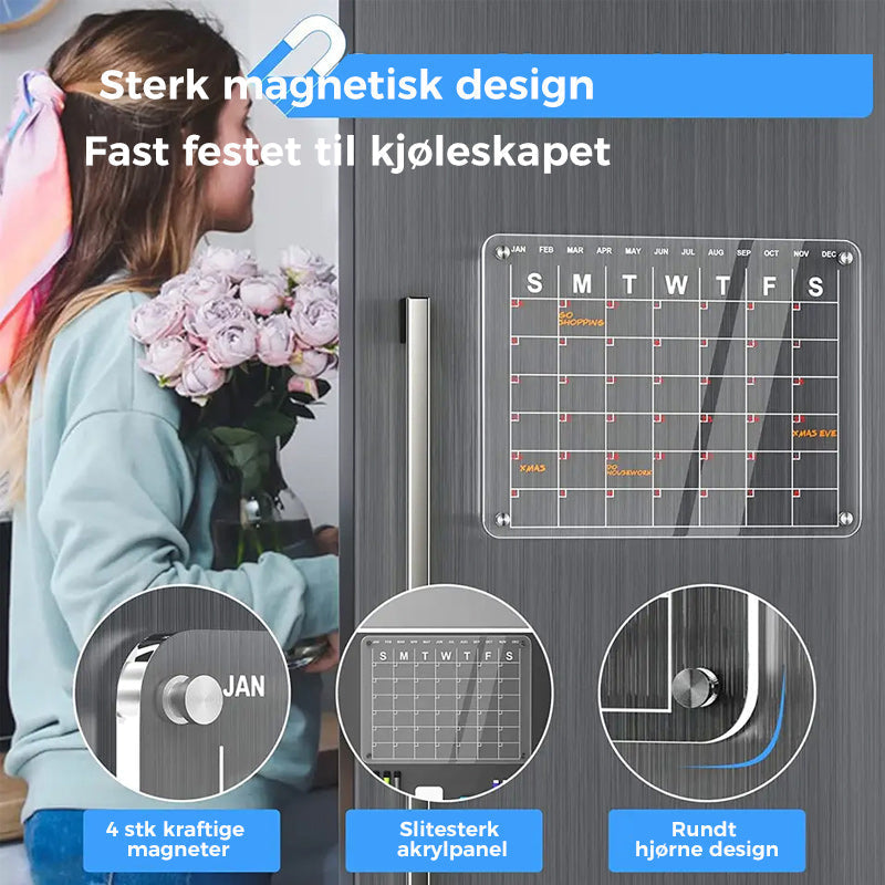 "Elegant magnetisk kylkalender i genomskinlig akryl med tydlig markör, perfekt för planering i modernt kök."