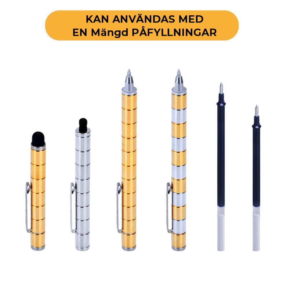 "Elegant, magnetisk metallpenna i silver med flera komponenter för kreativa former och stylusfunktion, perfekt som gåva."