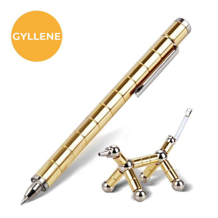 "Elegant, magnetisk metallpenna i silver med flera komponenter för kreativa former och stylusfunktion, perfekt som gåva."