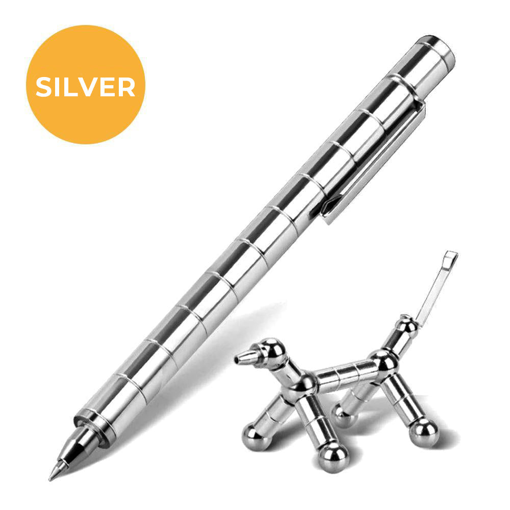 "Elegant, magnetisk metallpenna i silver med flera komponenter för kreativa former och stylusfunktion, perfekt som gåva."