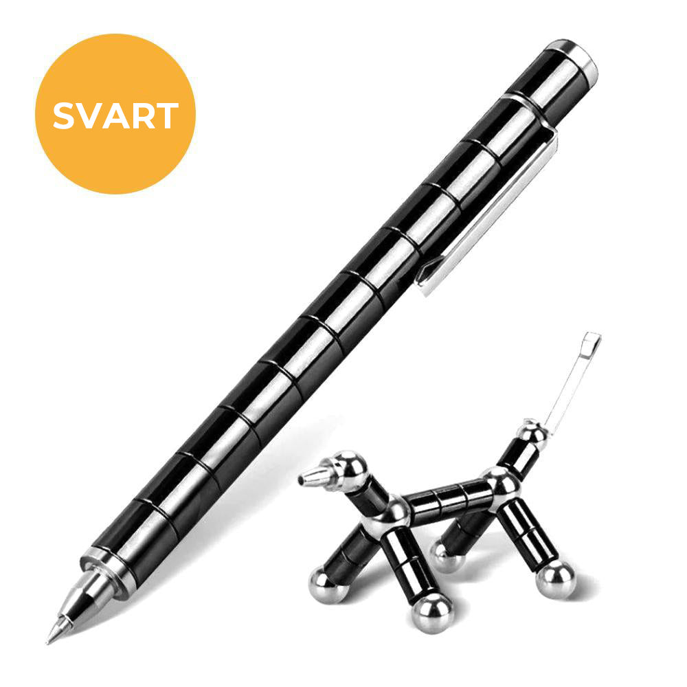 "Elegant, magnetisk metallpenna i silver med flera komponenter för kreativa former och stylusfunktion, perfekt som gåva."