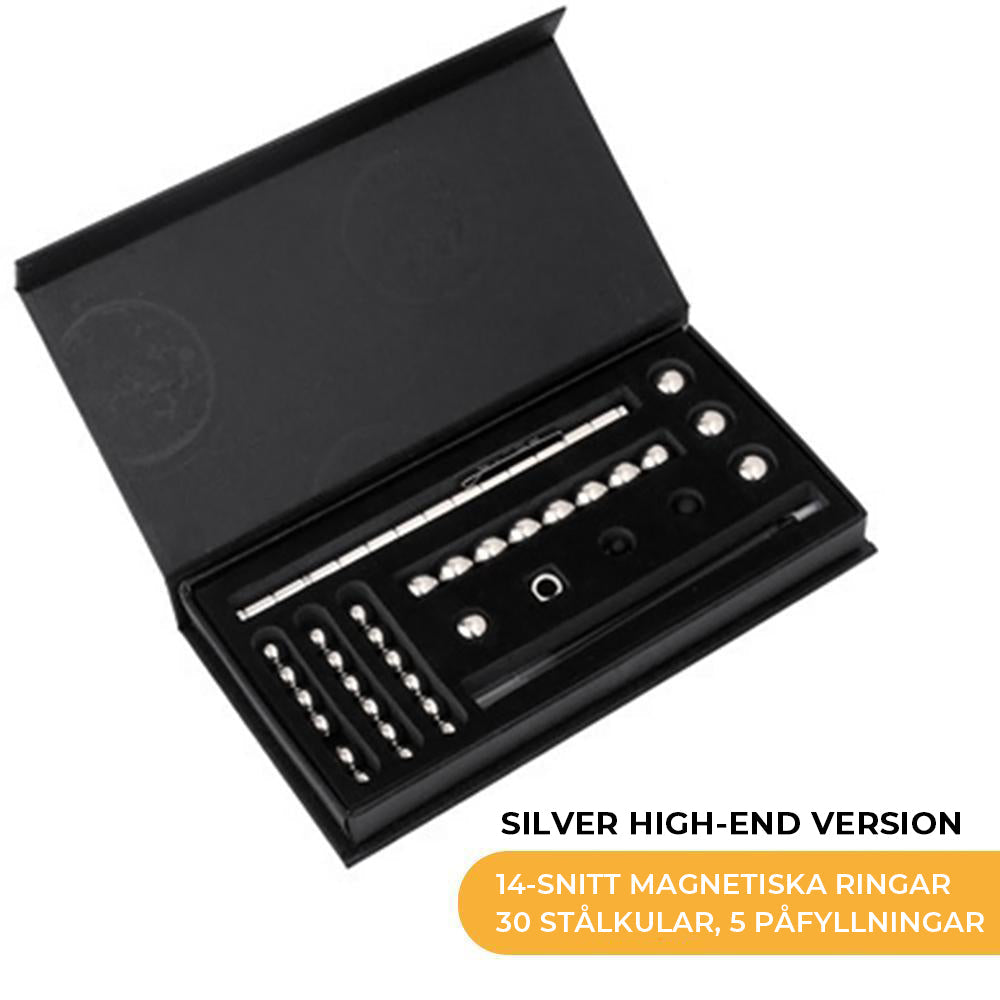 "Elegant, magnetisk metallpenna i silver med flera komponenter för kreativa former och stylusfunktion, perfekt som gåva."