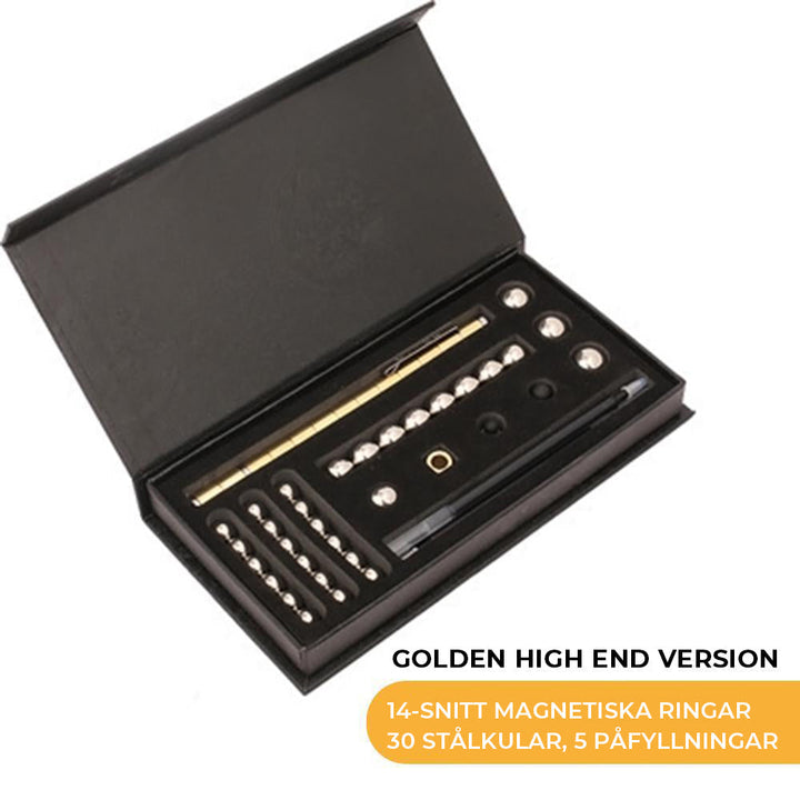 "Elegant, magnetisk metallpenna i silver med flera komponenter för kreativa former och stylusfunktion, perfekt som gåva."