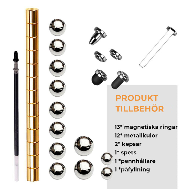 "Elegant, magnetisk metallpenna i silver med flera komponenter för kreativa former och stylusfunktion, perfekt som gåva."