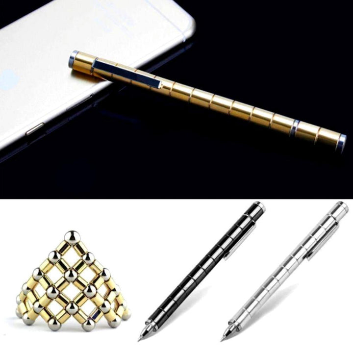 "Elegant, magnetisk metallpenna i silver med flera komponenter för kreativa former och stylusfunktion, perfekt som gåva."