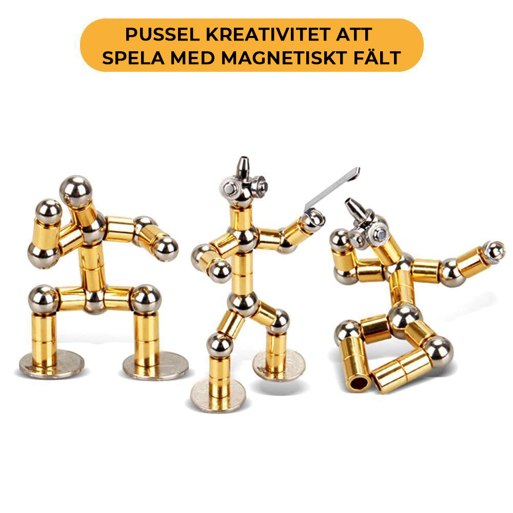 "Elegant, magnetisk metallpenna i silver med flera komponenter för kreativa former och stylusfunktion, perfekt som gåva."