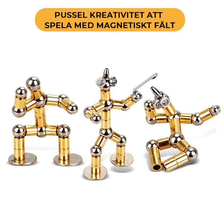 "Elegant, magnetisk metallpenna i silver med flera komponenter för kreativa former och stylusfunktion, perfekt som gåva."