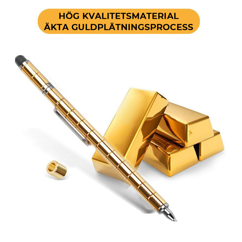 "Elegant, magnetisk metallpenna i silver med flera komponenter för kreativa former och stylusfunktion, perfekt som gåva."
