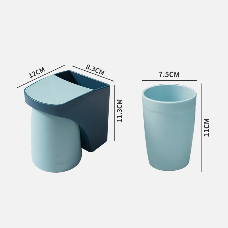 "Elegant magnetisk tandborsthållare med munvattenkopp i kompakt design, dammtät och vattentät för moderna badrum."