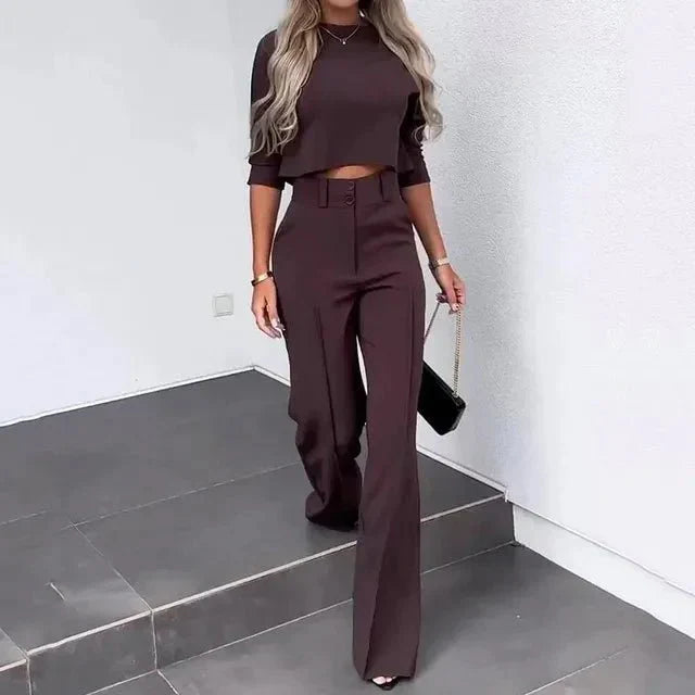 Modern tvådelad outfit för damer, kortärmad topp & byxor med hög midja, affärsklädsel.