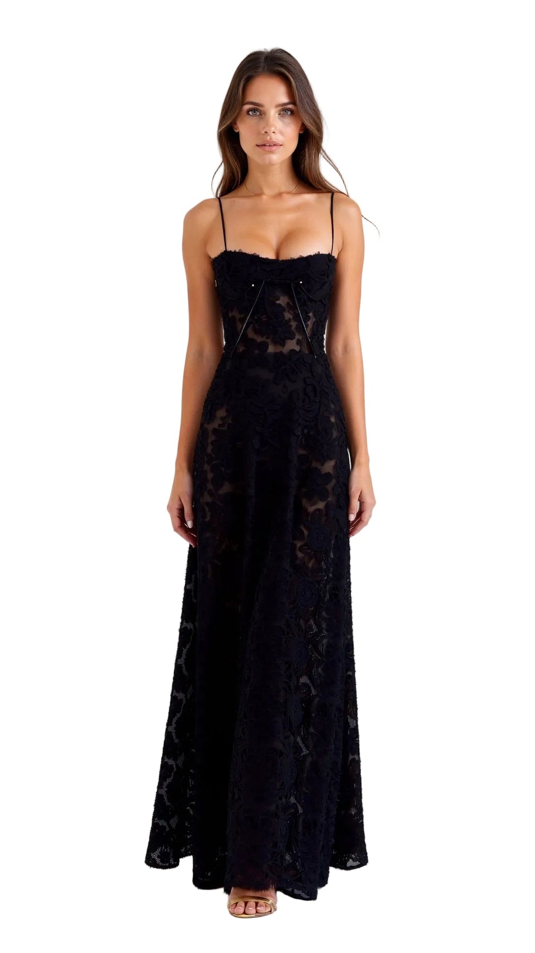 Elegant maxiklänning med bustier i satin för bröllopsgäst eller formell fest, lång, mörkblå.