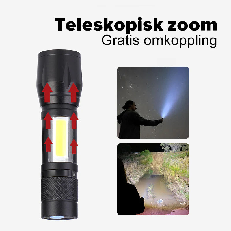 "Elegant mini ficklampa i aluminium med justerbar stråle, kompakt och lätt, perfekt för äventyr och nödsituationer."