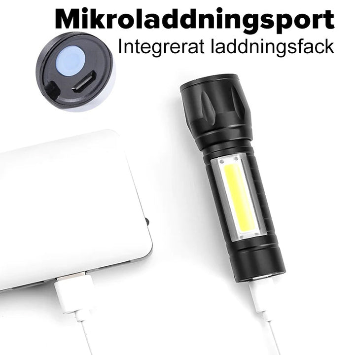 "Elegant mini ficklampa i aluminium med justerbar stråle, kompakt och lätt, perfekt för äventyr och nödsituationer."