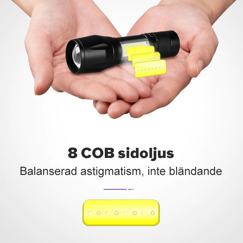 "Elegant mini ficklampa i aluminium med justerbar stråle, kompakt och lätt, perfekt för äventyr och nödsituationer."