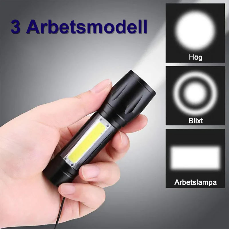 "Elegant mini ficklampa i aluminium med justerbar stråle, kompakt och lätt, perfekt för äventyr och nödsituationer."