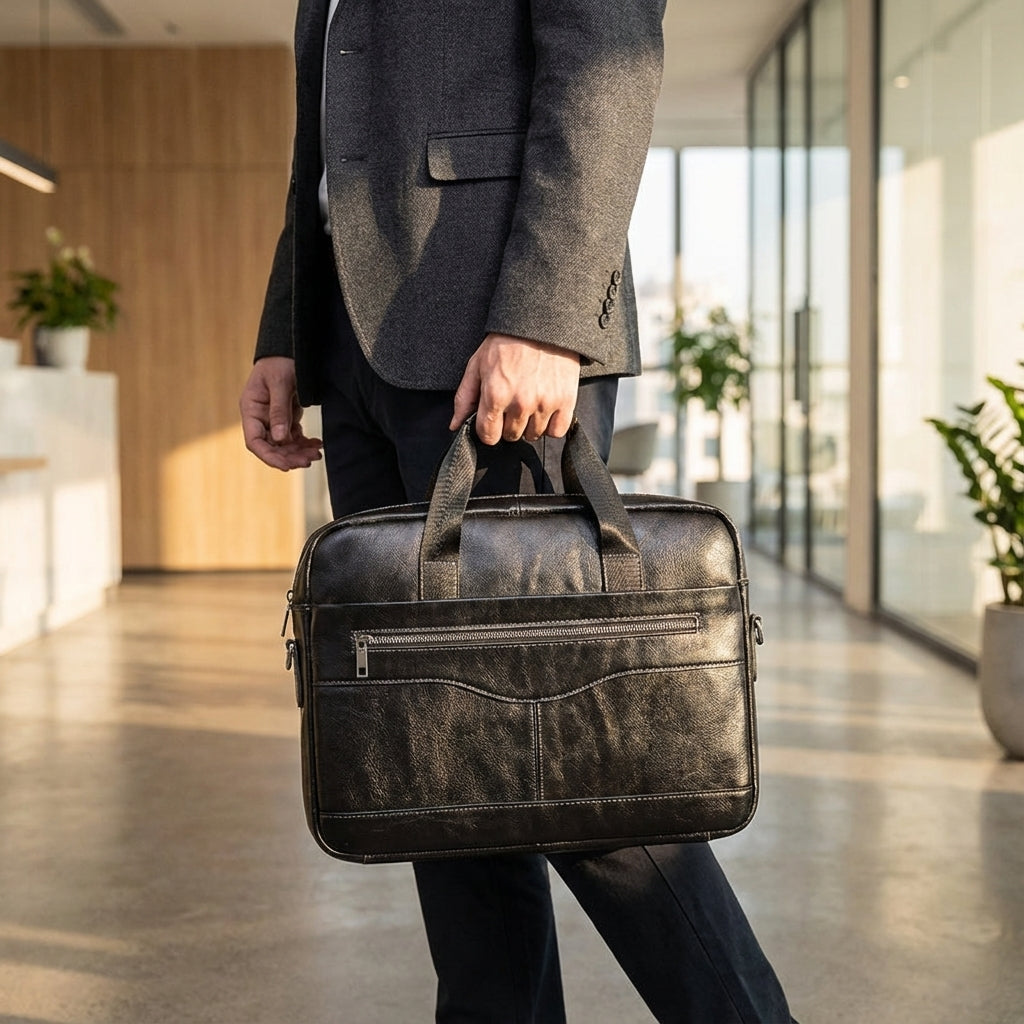 Elegant Navaroox aktväska i äkta läder för män. Professionell affärsväska för jobb och kontor.