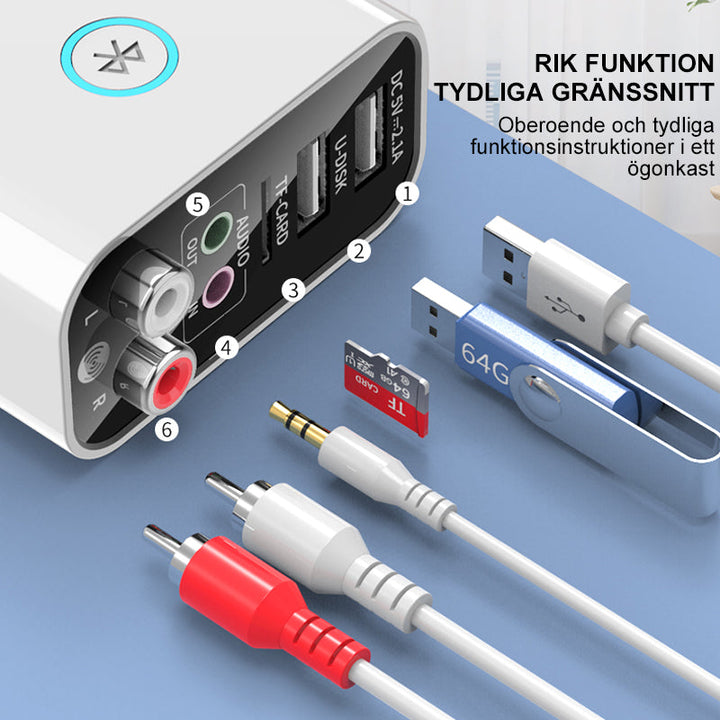 "Elegant och kompakt multifunktionskontakt med två USB-portar, MicroSD-kortplats och Bluetooth 5.0 stöd för elektronik."
