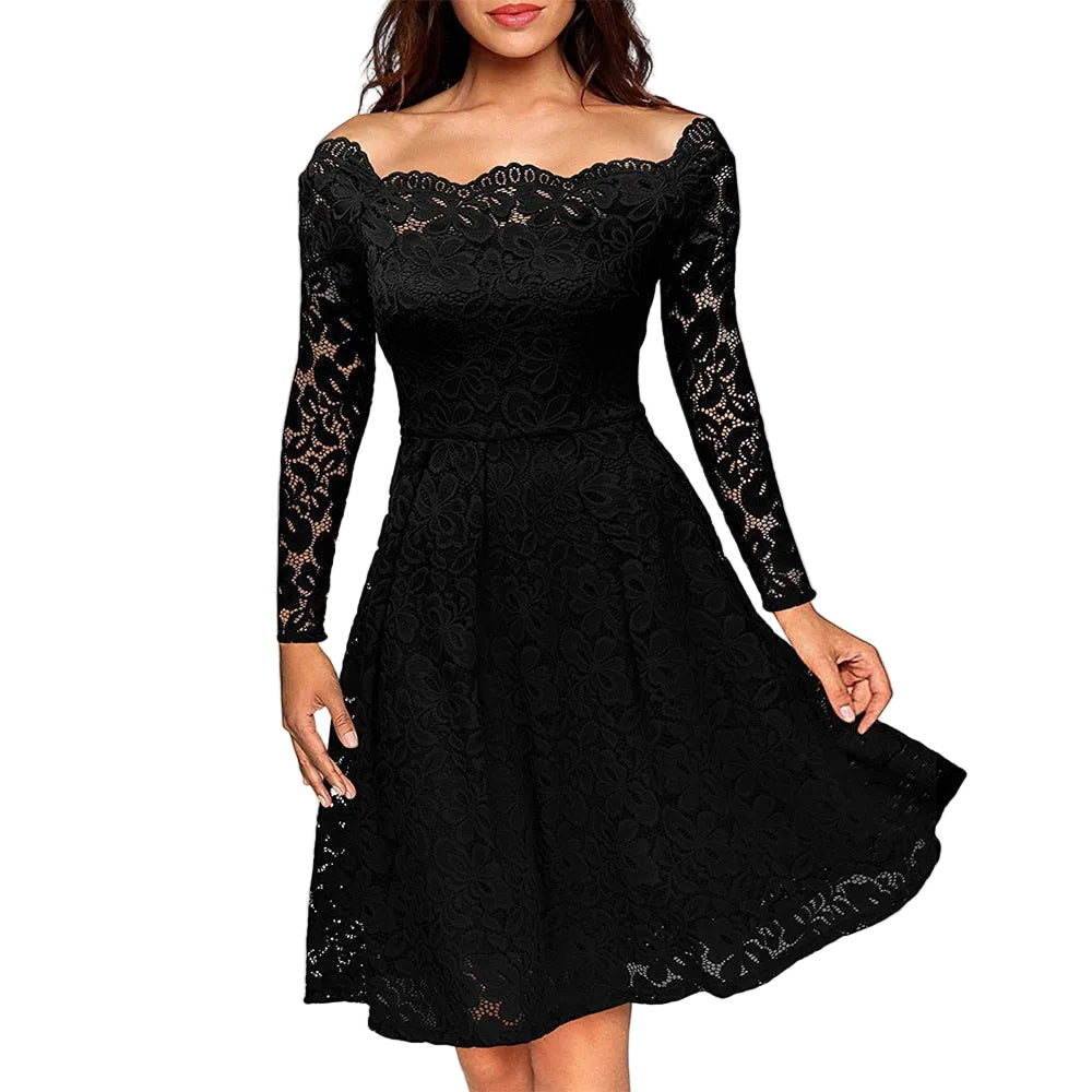 Elegant off-shoulder midiklänning i spets för kvinnor, perfekt som festklänning eller bröllopsgäst.