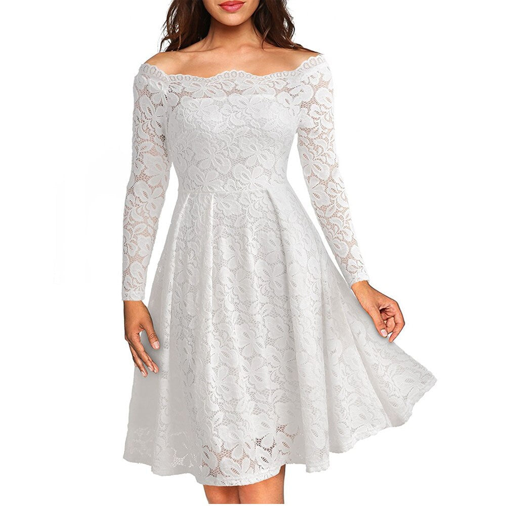 Tidlös off-shoulder midiklänning i spets för kvinnor, en mångsidig fest- och bröllopsklänning.