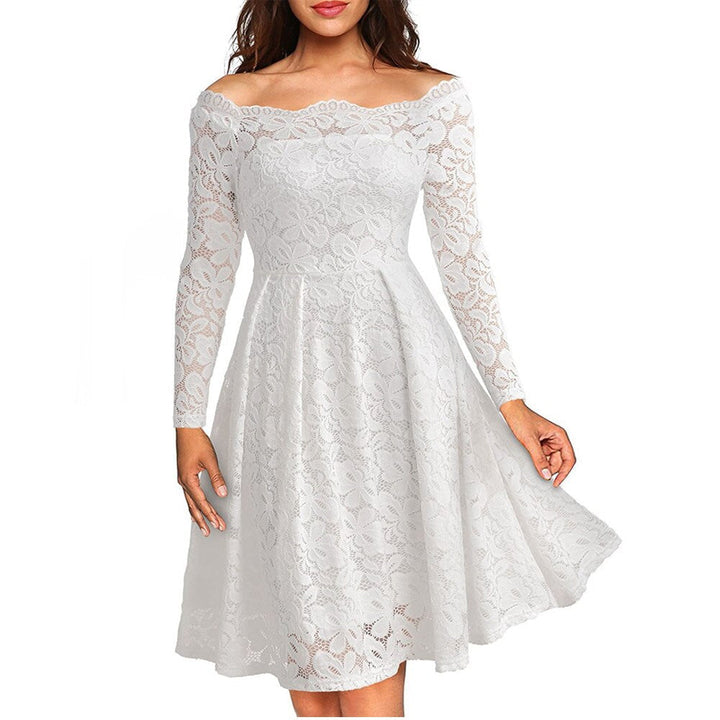 Tidlös off-shoulder midiklänning i spets för kvinnor, en mångsidig fest- och bröllopsklänning.
