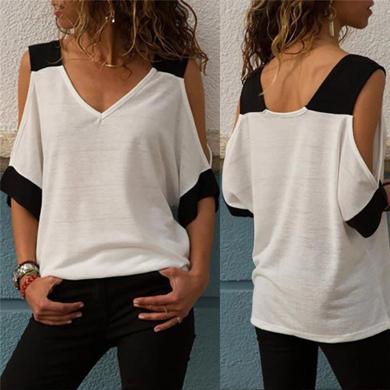 "Elegant off-shoulder V-ringad damblus i bomull, mjukt material med kontrasterande färger, perfekt för alla tillfällen."