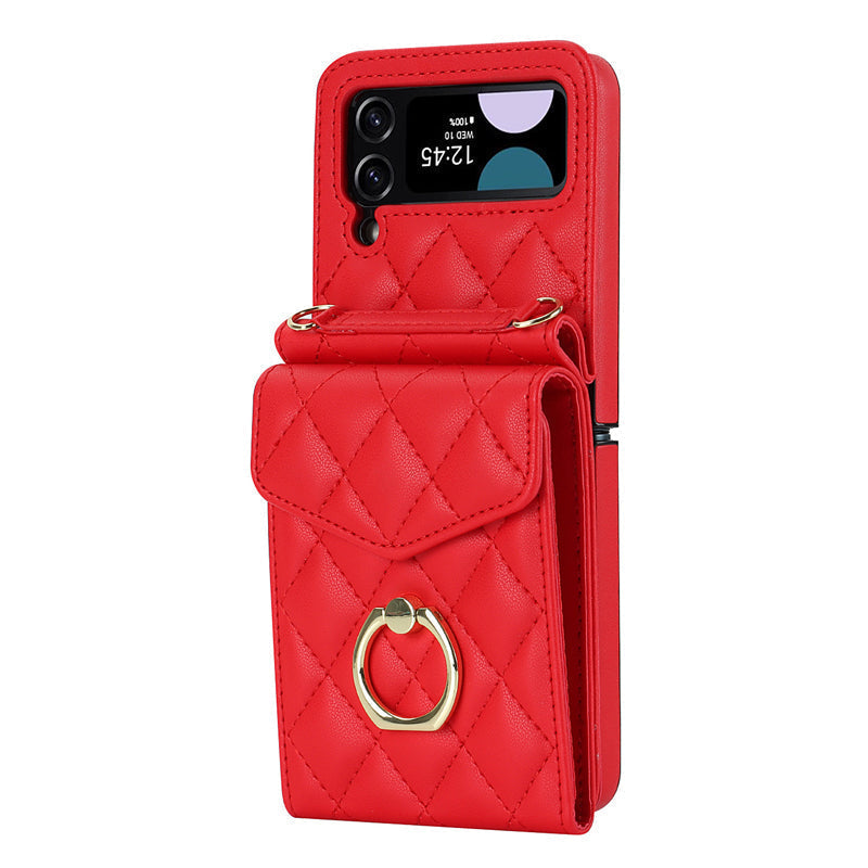 "Elegant plånboksfodral för Samsung Galaxy Z Flip i präglat läder, visar kortplatser och skyddande design."