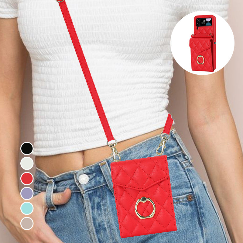 "Elegant plånboksfodral för Samsung Galaxy Z Flip i präglat läder, visar kortplatser och skyddande design."