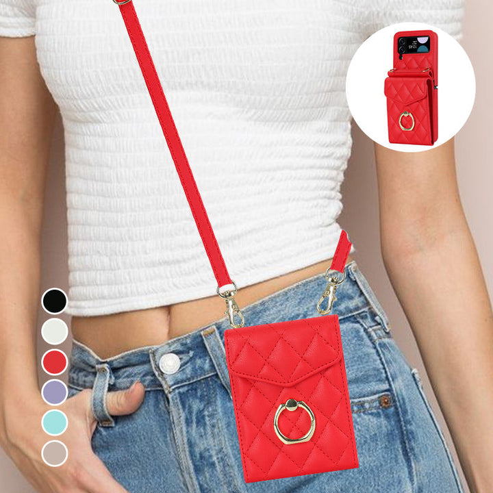 "Elegant plånboksfodral för Samsung Galaxy Z Flip i präglat läder, visar kortplatser och skyddande design."