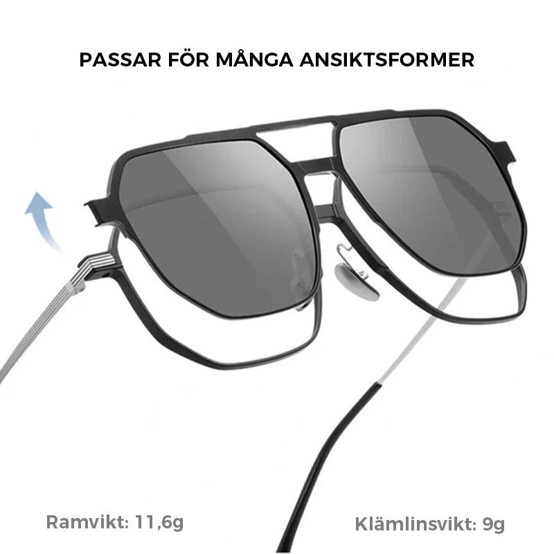 "Elegant polarisator solglasögon för män med svart justerbar ram, grå linser, aluminium-magnesiumlegering."
