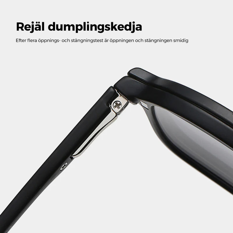 "Elegant polarisator solglasögon för män med svart justerbar ram, grå linser, aluminium-magnesiumlegering."