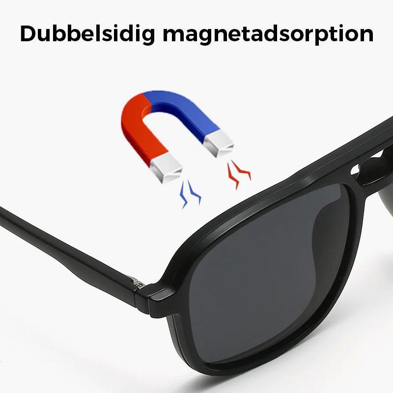 "Elegant polarisator solglasögon för män med svart justerbar ram, grå linser, aluminium-magnesiumlegering."