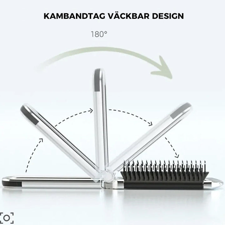 "Elegant resevänlig silver spegelhårborste, unisex design, kompakt och hopfällbar med spegel för enkel stiljustering."