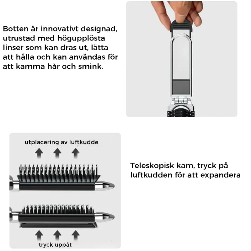 "Elegant resevänlig silver spegelhårborste, unisex design, kompakt och hopfällbar med spegel för enkel stiljustering."