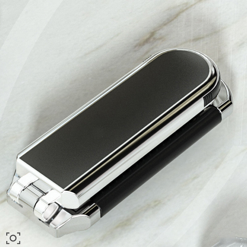 "Elegant resevänlig silver spegelhårborste, unisex design, kompakt och hopfällbar med spegel för enkel stiljustering."