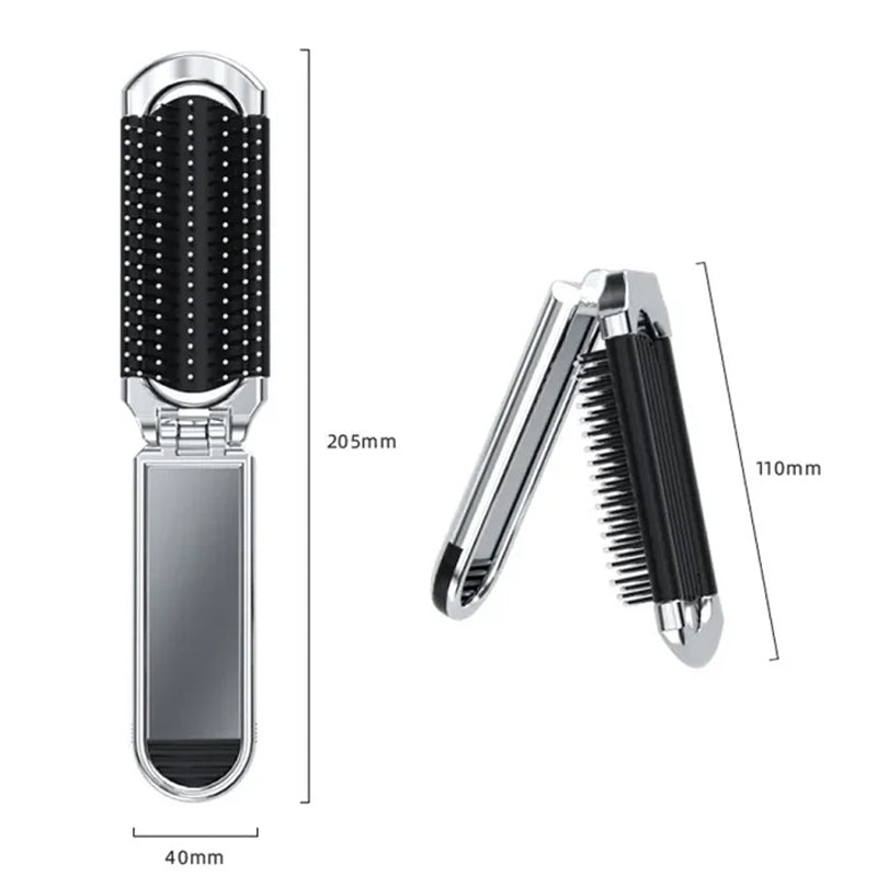 "Elegant resevänlig silver spegelhårborste, unisex design, kompakt och hopfällbar med spegel för enkel stiljustering."