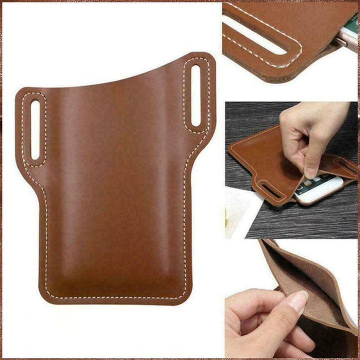 "Elegant retro mobiltelefonhölster i svart PU-läder för herr, med bältesklämma och universell passform för smartphones."